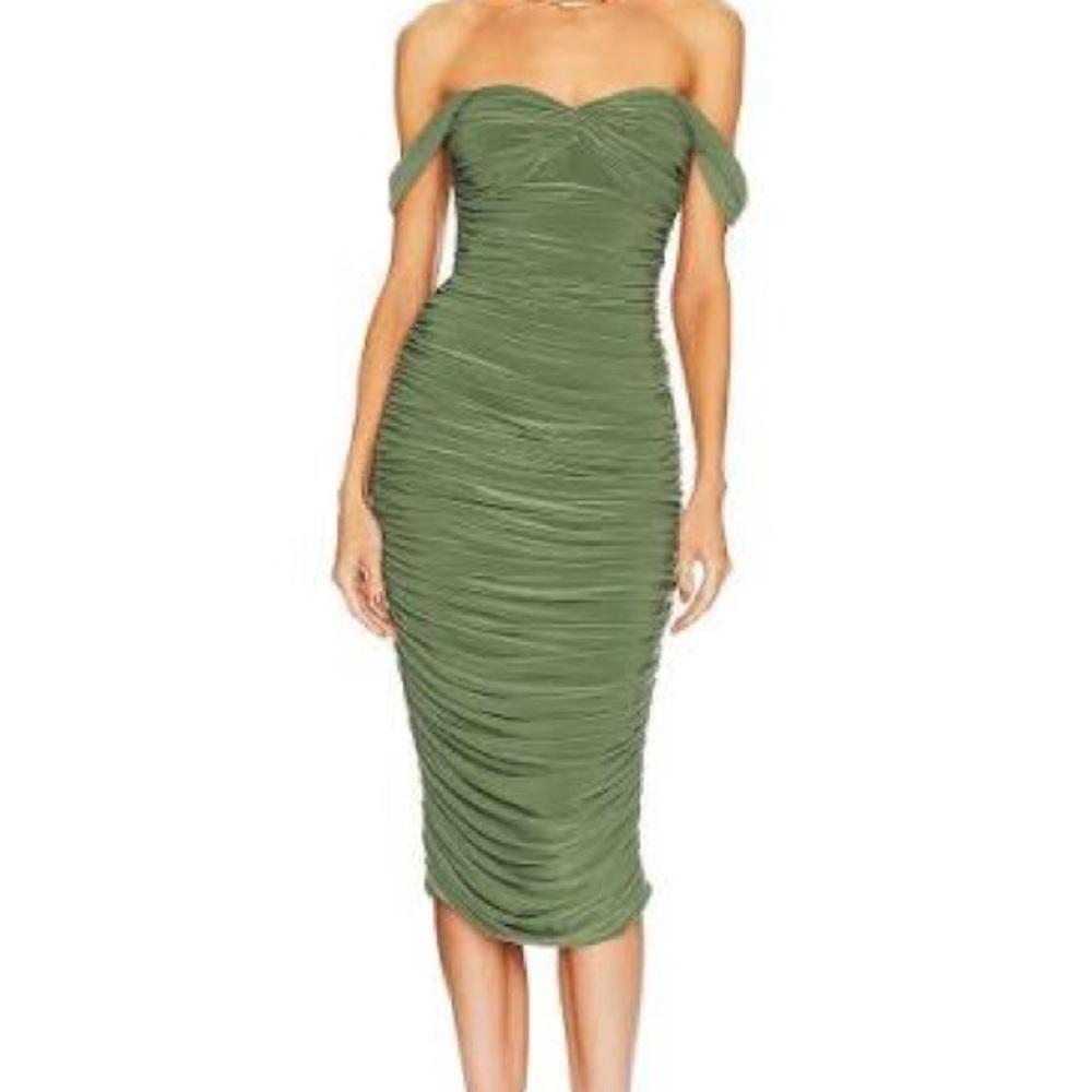Norma Kamali Walter Dress - Olive Green Ruched Midi Dress celadon